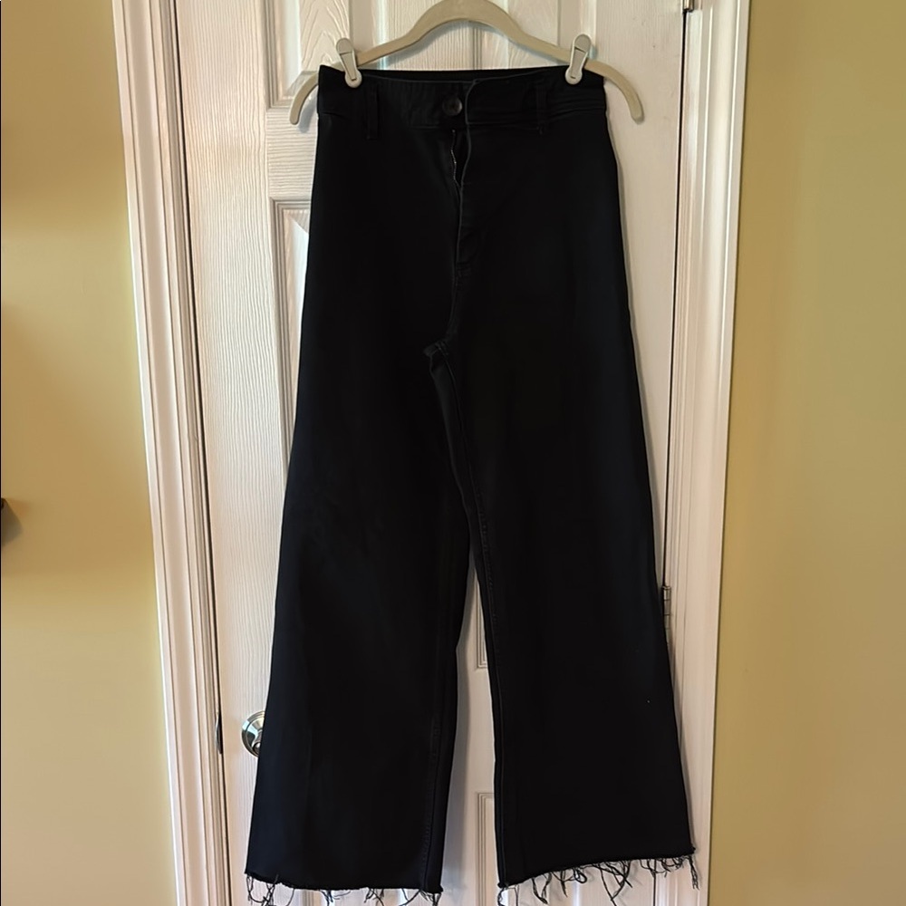 Zara Black Wide Leg Flare Jeans with Frayed Hem